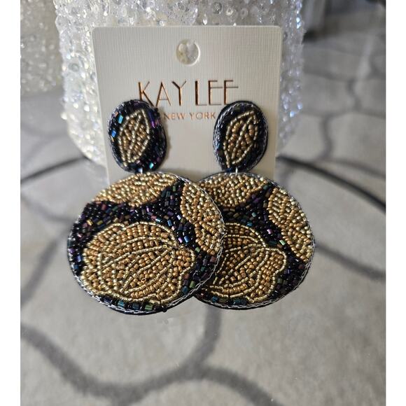 Kay Lee Black Gold Floral Round Beaded Earrings New - Picture 4 of 4